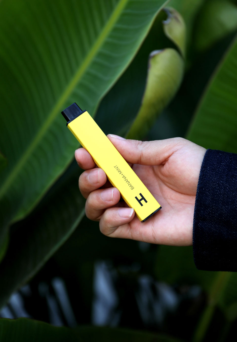 Person Holding Yellow Vape with Leafy Background